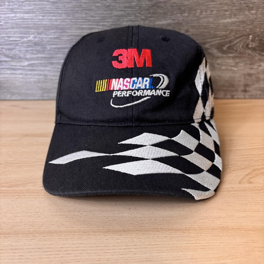 NASCAR Hat Cap Strap Back Mens Black White Auto Racing 3M Checkered Flag